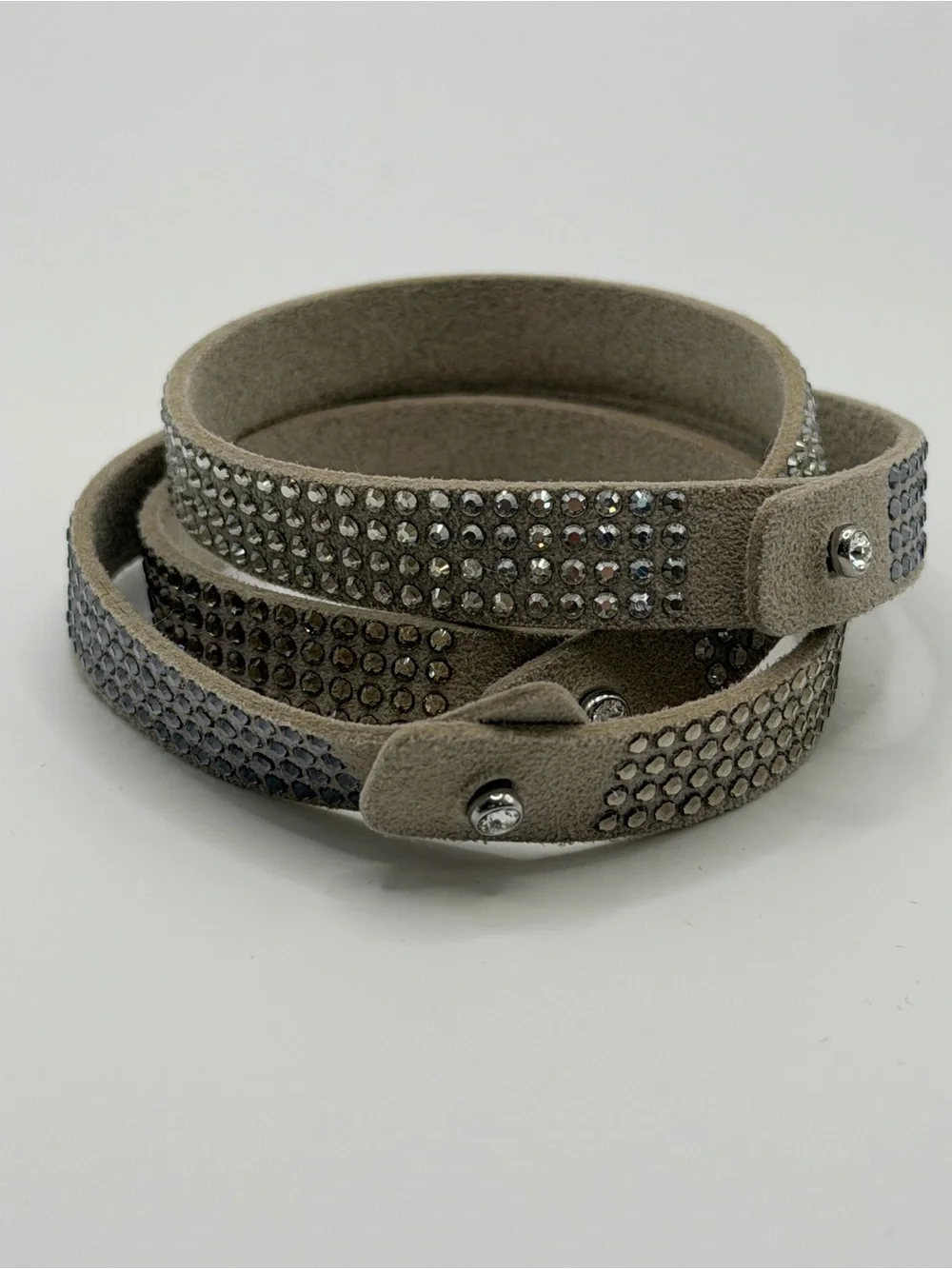 Crystal-Embellished Taupe Vegan Suede Tri-Wrap Bracelet